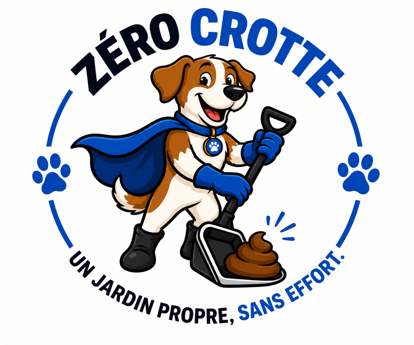 Mascotte Zéro Crotte, chien super-héros avec une pelle